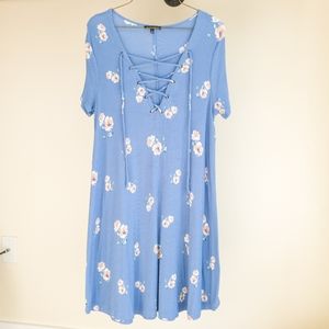 V Neck Ribbed Floral Summer Dress Medium Blue
